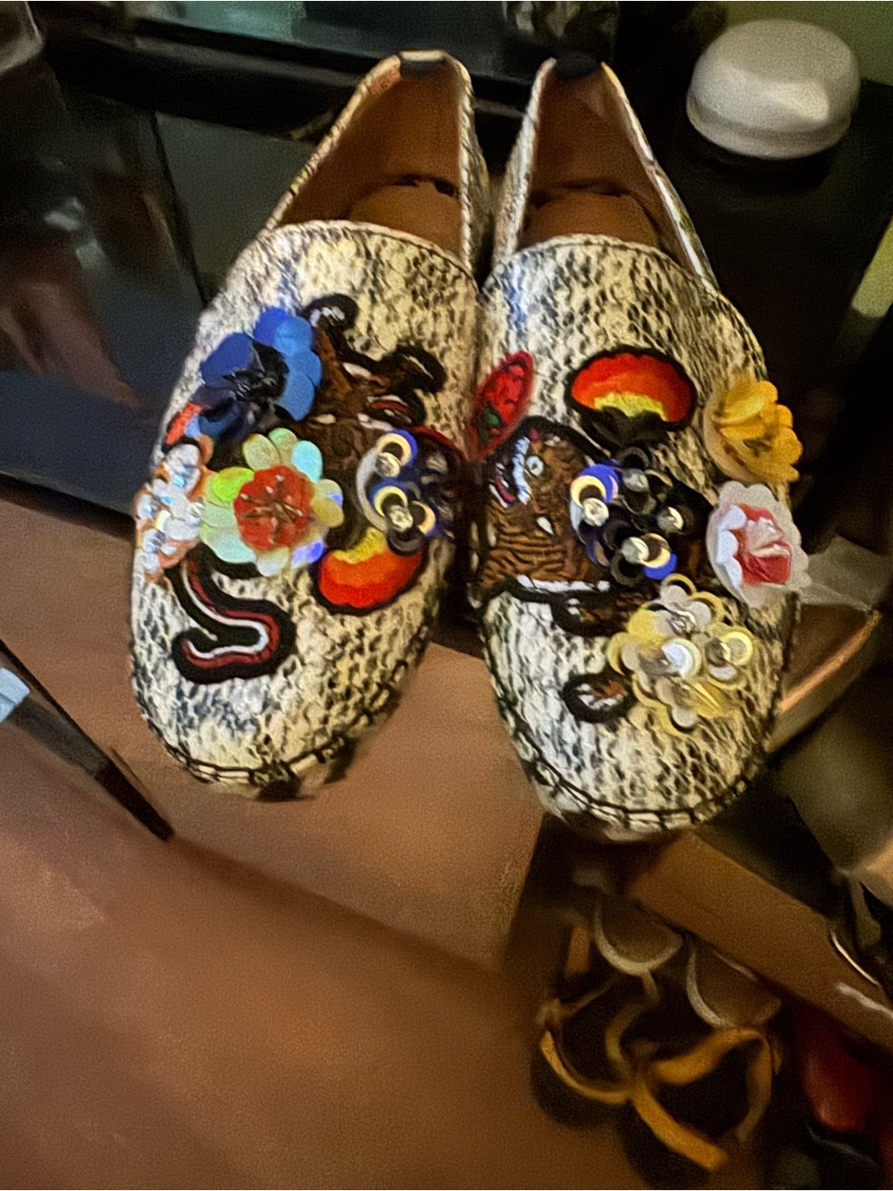 bill blass Multi-Color Floral Appliqué Slip-On Loafers in Ivory and Black